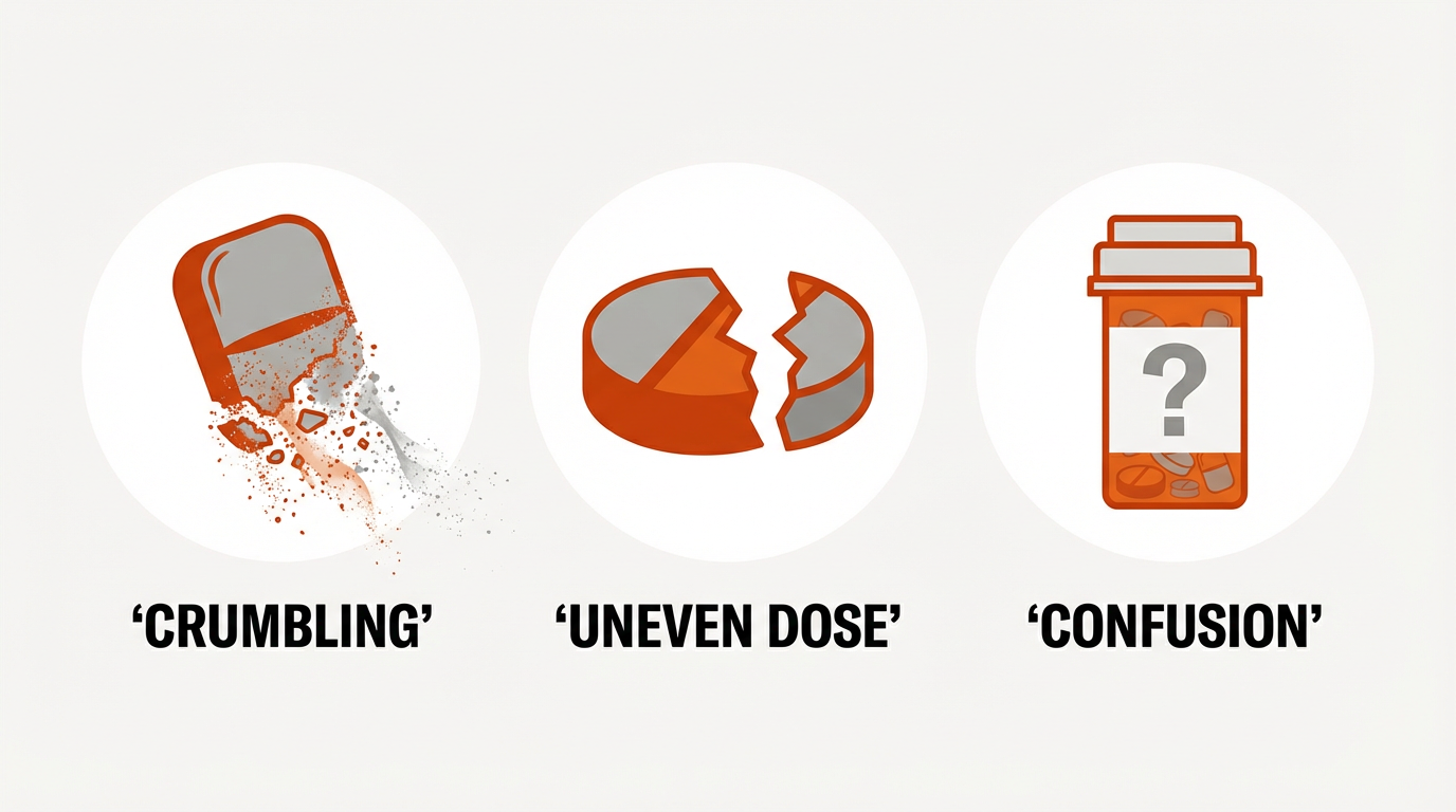 Halving a Tablet: Is It Okay To Split Medication In Half? 1 Three icons representing pill splitting risks: a crumbled pill, uneven halves, and a confusion symbol