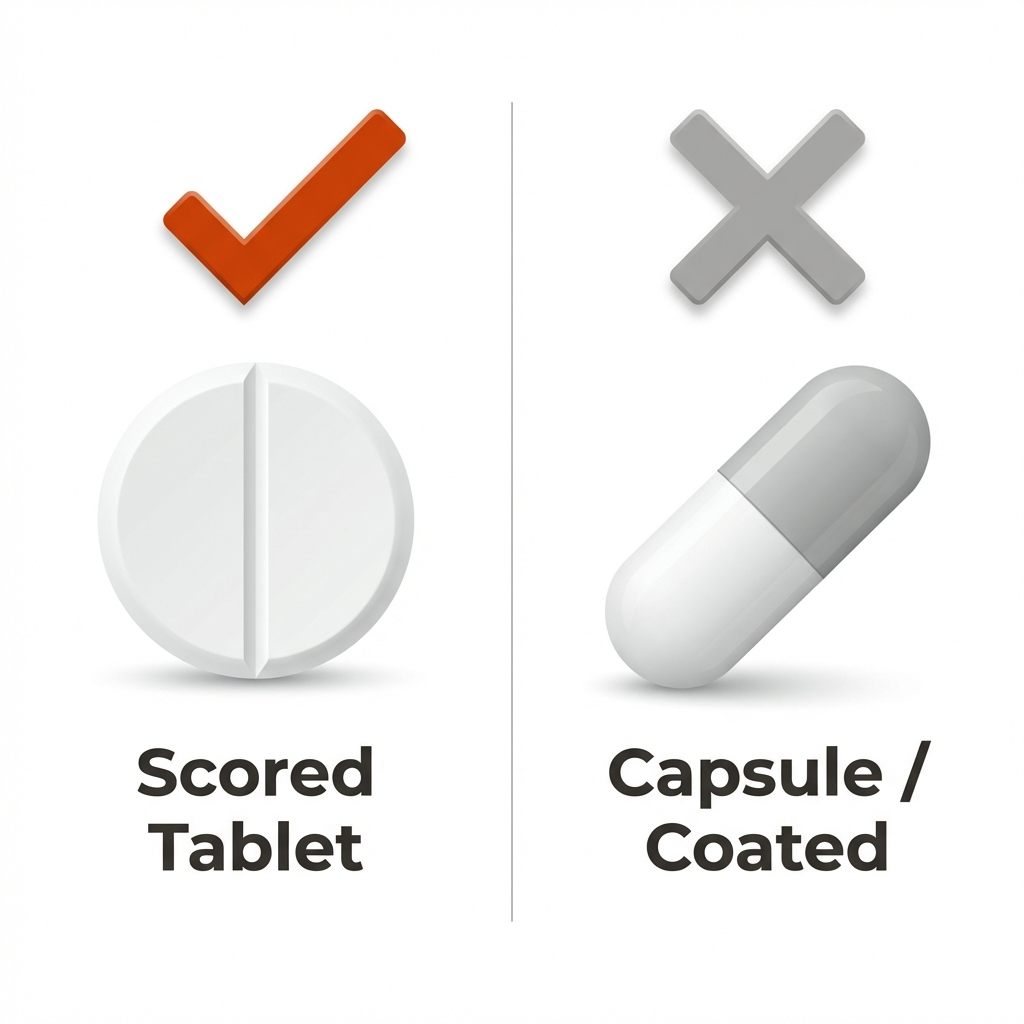 Comparison of a scored tablet with a checkmark and a capsule with an X mark