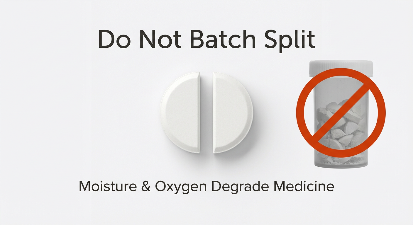 Halving a Tablet: Is It Okay To Split Medication In Half? 4 Visual guide showing a single split pill versus a bottle of broken pills