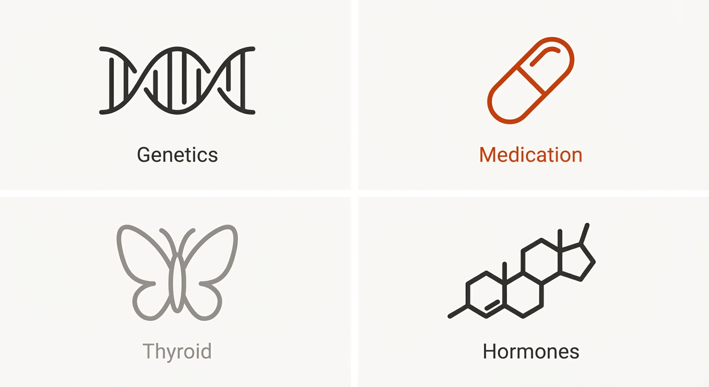 What Causes Rapid Weight Gain? 2 Four icons representing genetics, medication, hormones, and thyroid health