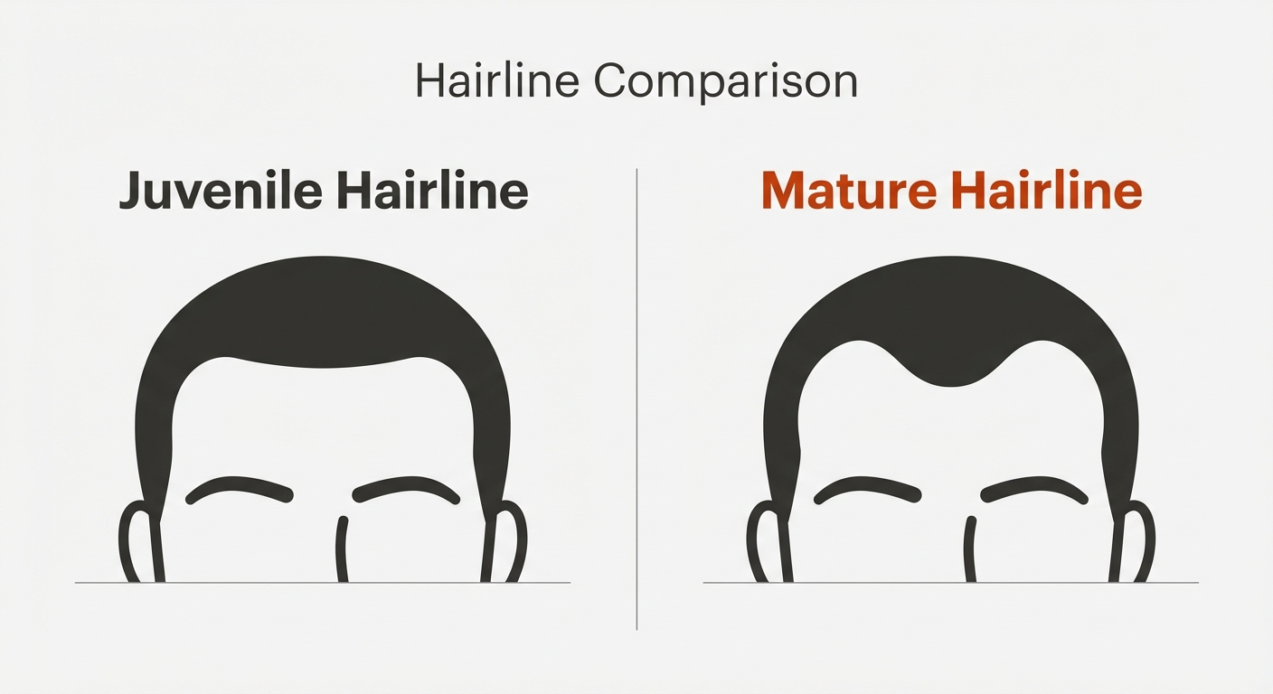 What You Need to Know About Mature Hairlines 1 Illustration comparing a straight juvenile hairline with a mature hairline featuring a slight peak