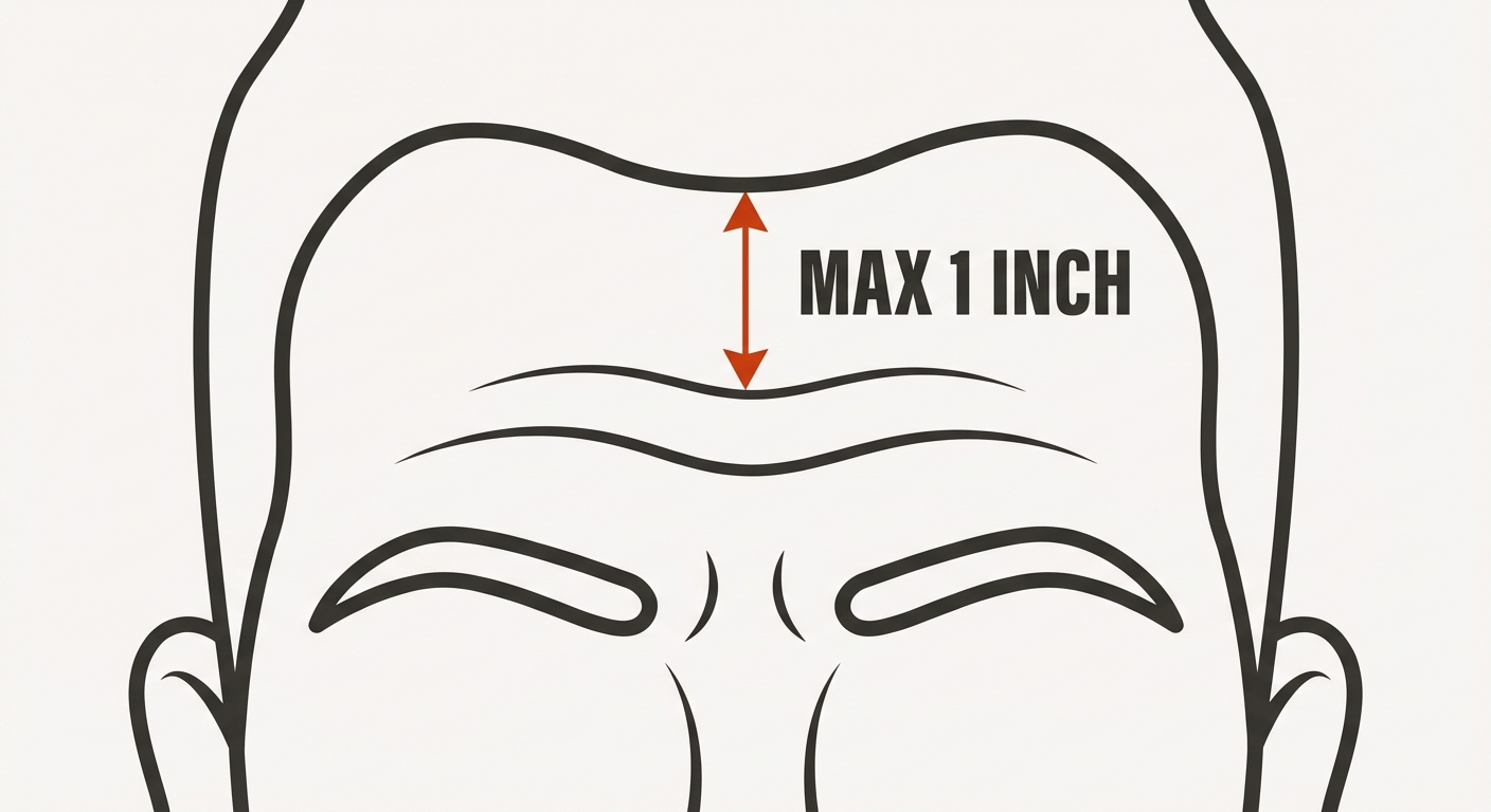 Diagram showing the one inch distance between the highest forehead wrinkle and the hairline