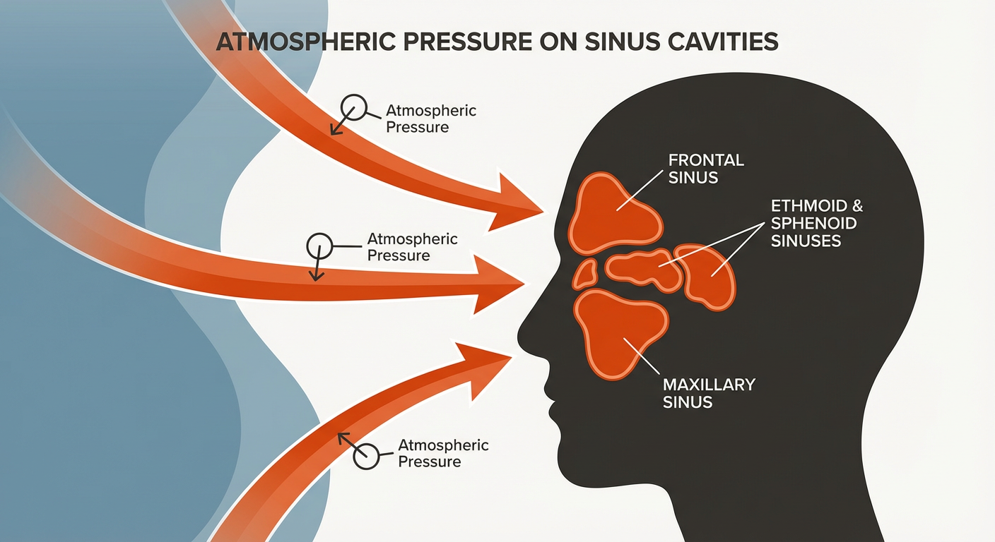 Illustration of a human head profile showing sinus cavities and external pressure arrows