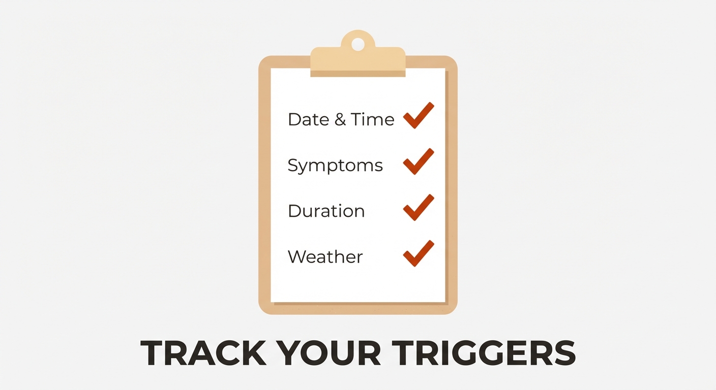 Graphic of a journal page tracking date, symptoms, duration, and weather