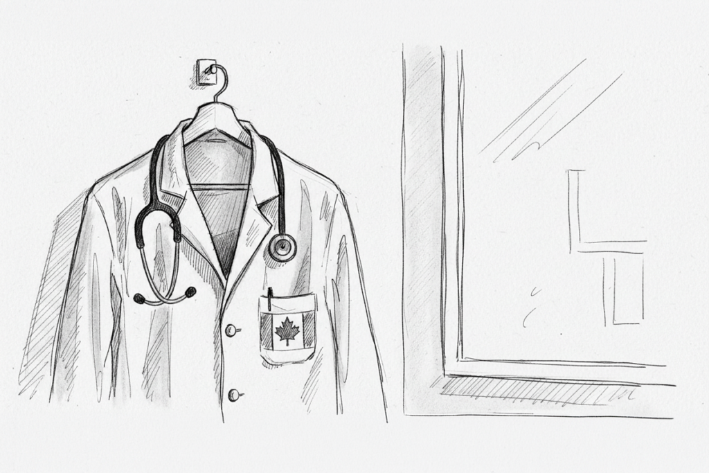 Sketch of a medical coat with a Canadian logo on the breast pocket