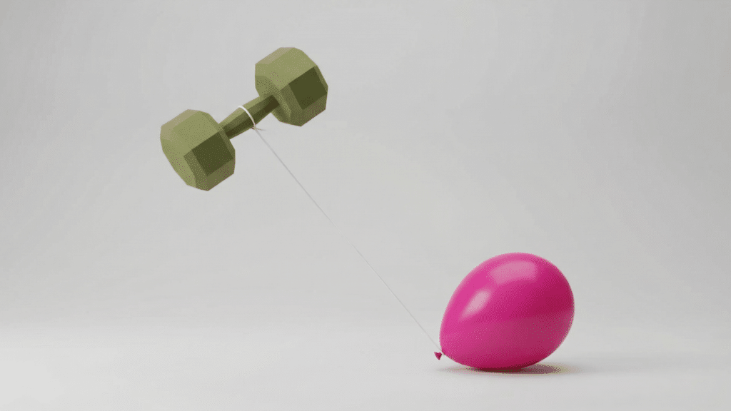 visual of a dumbbell attached to a balloon except the dumbbell is floating away