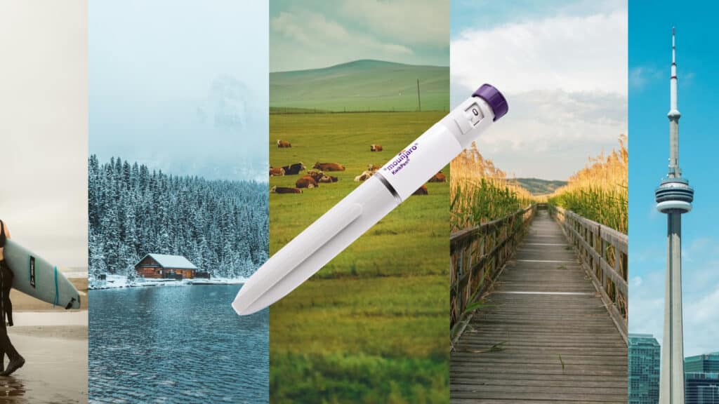 Mounjaro pen across a landscape of Canadian provinces