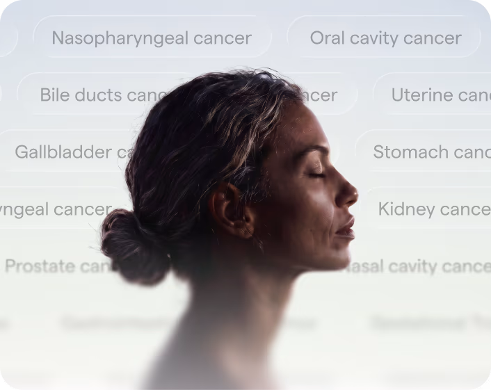 Woman in profile with eyes closed in front of a soft sunrise, surrounded by floating labels naming cancer types the Galleri test screens for