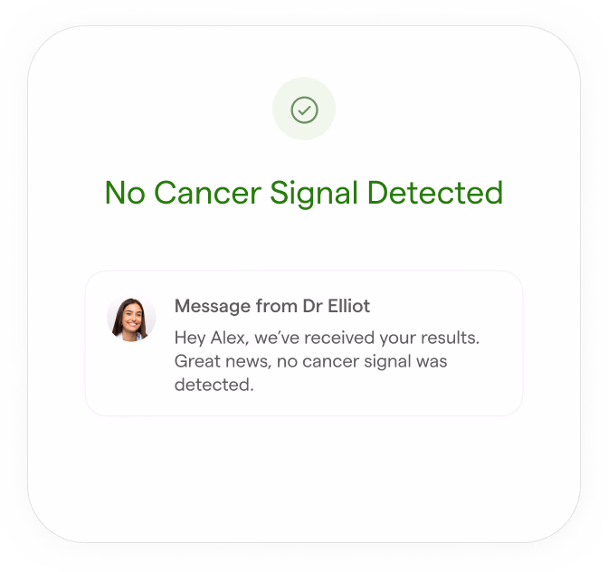 Phone notification mock: No Cancer Signal Detected, with a message from Dr Elliot saying no cancer signal was detected