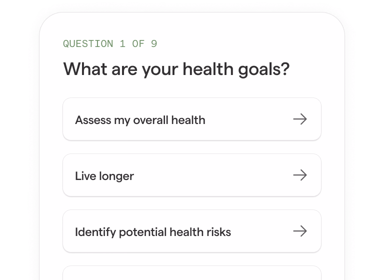 Quiz card mock: Question 1 of 9, What are your health goals? with options Assess my overall health, Live longer, Identify potential health risks